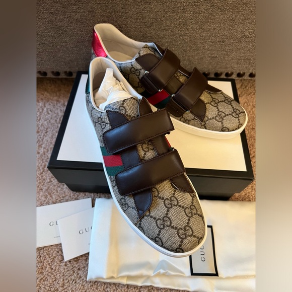 New Gucci Ace Gg Supreme New Ace Web stripe Ebony beige brown Sneakers - Picture 6 of 10